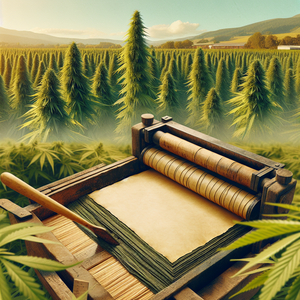 The process of making hemp paper: lush hemp fields, harvesting hemp stalks, and forming hemp paper.