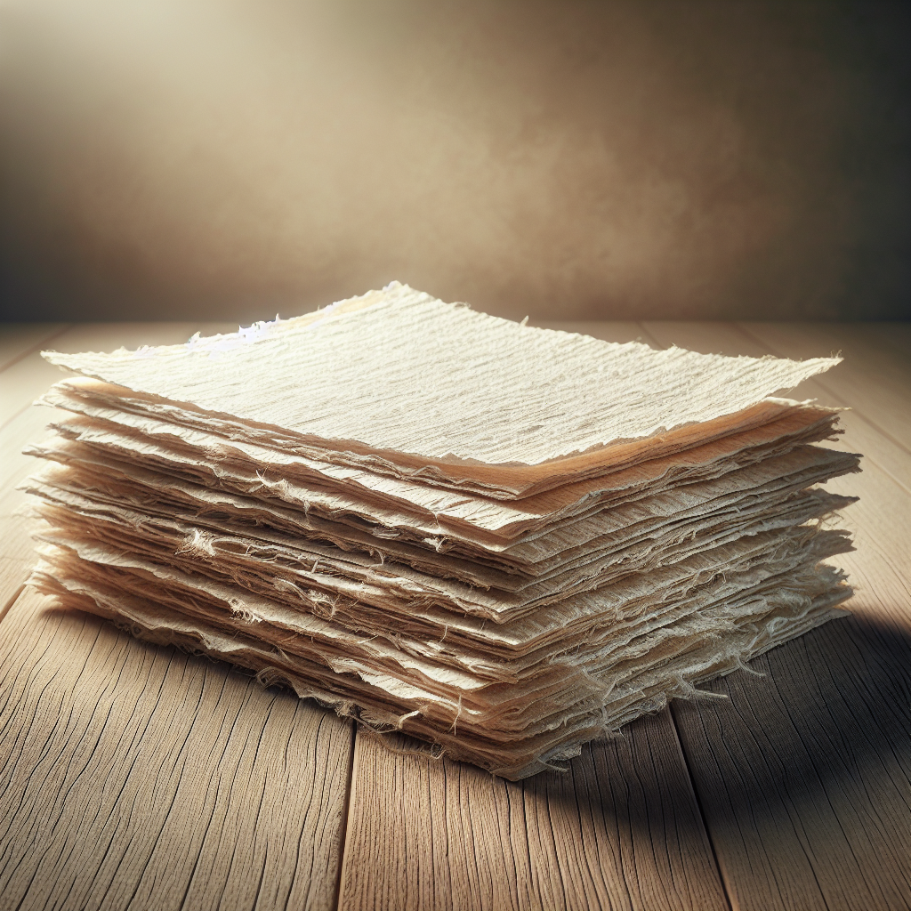 A realistic image of a stack of hemp paper sheets on a wooden surface, showcasing their natural texture and eco-friendly appeal.