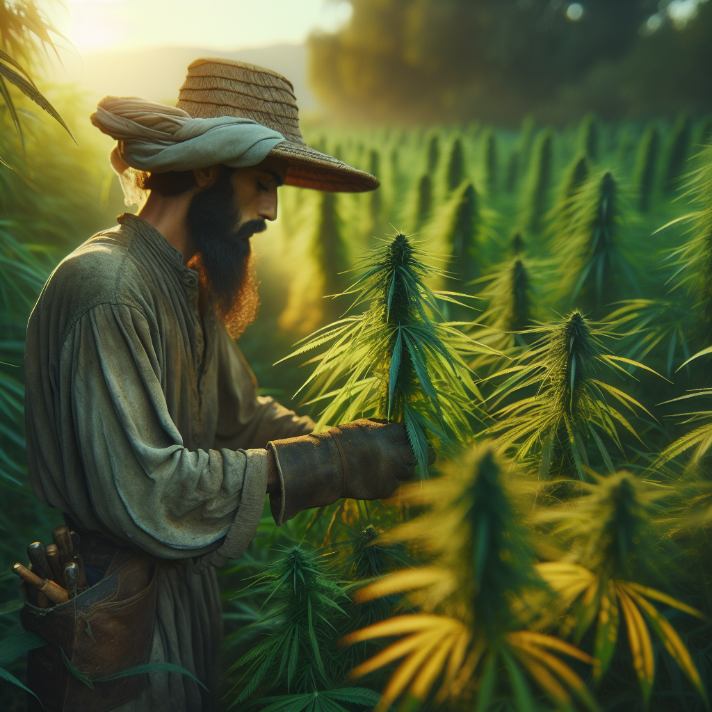 Close-up of a worker harvesting hemp stalks in a lush green field, depicting the process of hemp paper production.