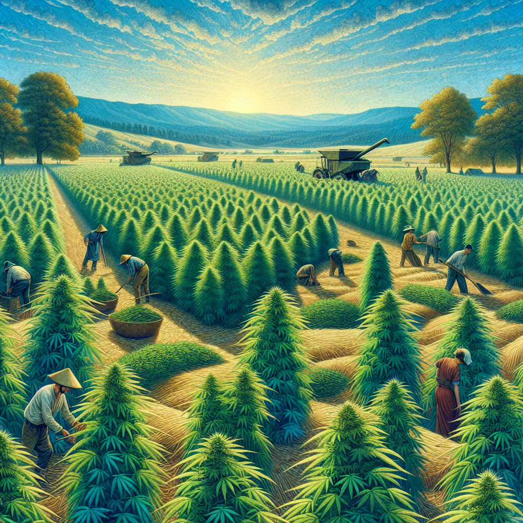 A realistic image of farmers harvesting a lush green hemp field under a clear blue sky.