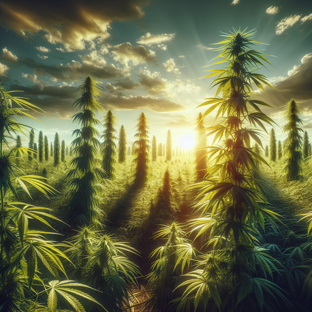 A lush green hemp field ready for harvest, illuminated by natural sunlight, showcasing tall hemp plants with long leaves and robust stalks.