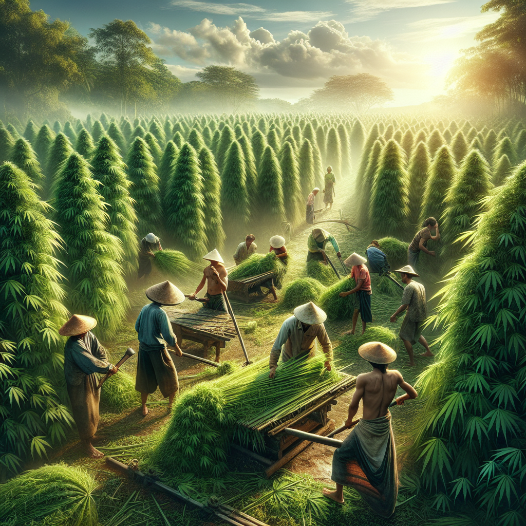 Farmers harvesting hemp plants in a lush green field under a blue sky.