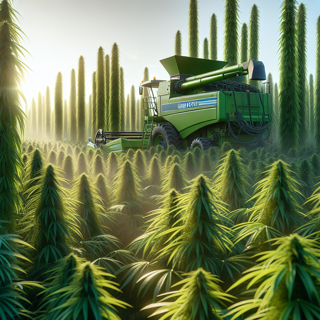 A realistic image of a hemp field with tall, green hemp plants being harvested by a modern eco-friendly machine.