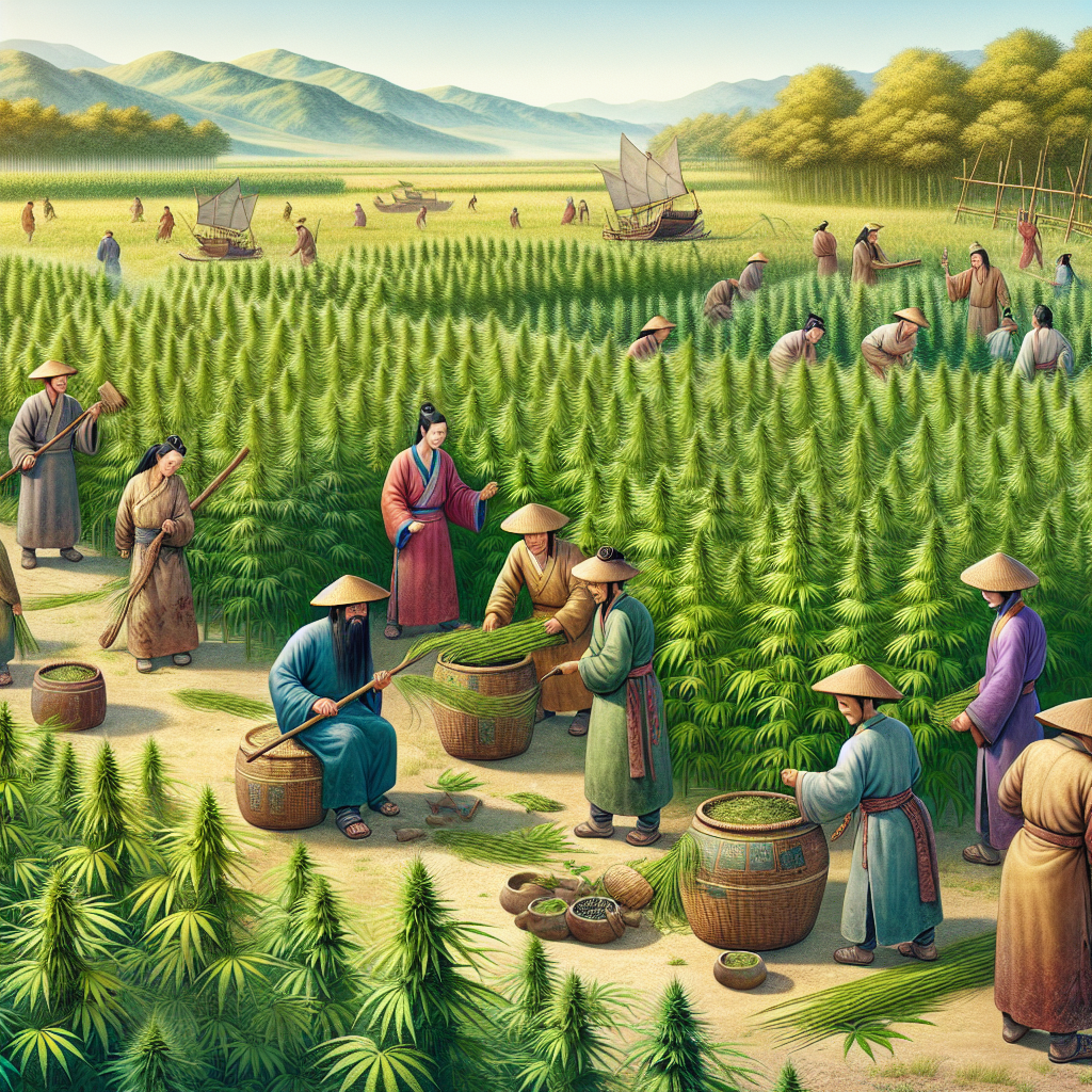 Ancient Chinese farmers harvesting hemp fields around 8,000 BC, depicting the origins of hemp with lush, green hemp plants and traditional attire.