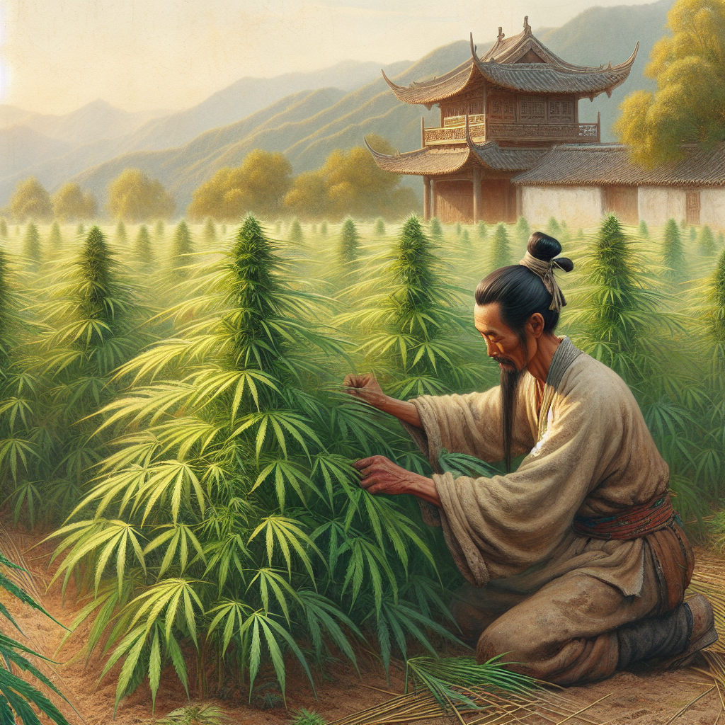 An ancient Chinese farmer cultivating hemp in a lush field with traditional Chinese buildings in the background.