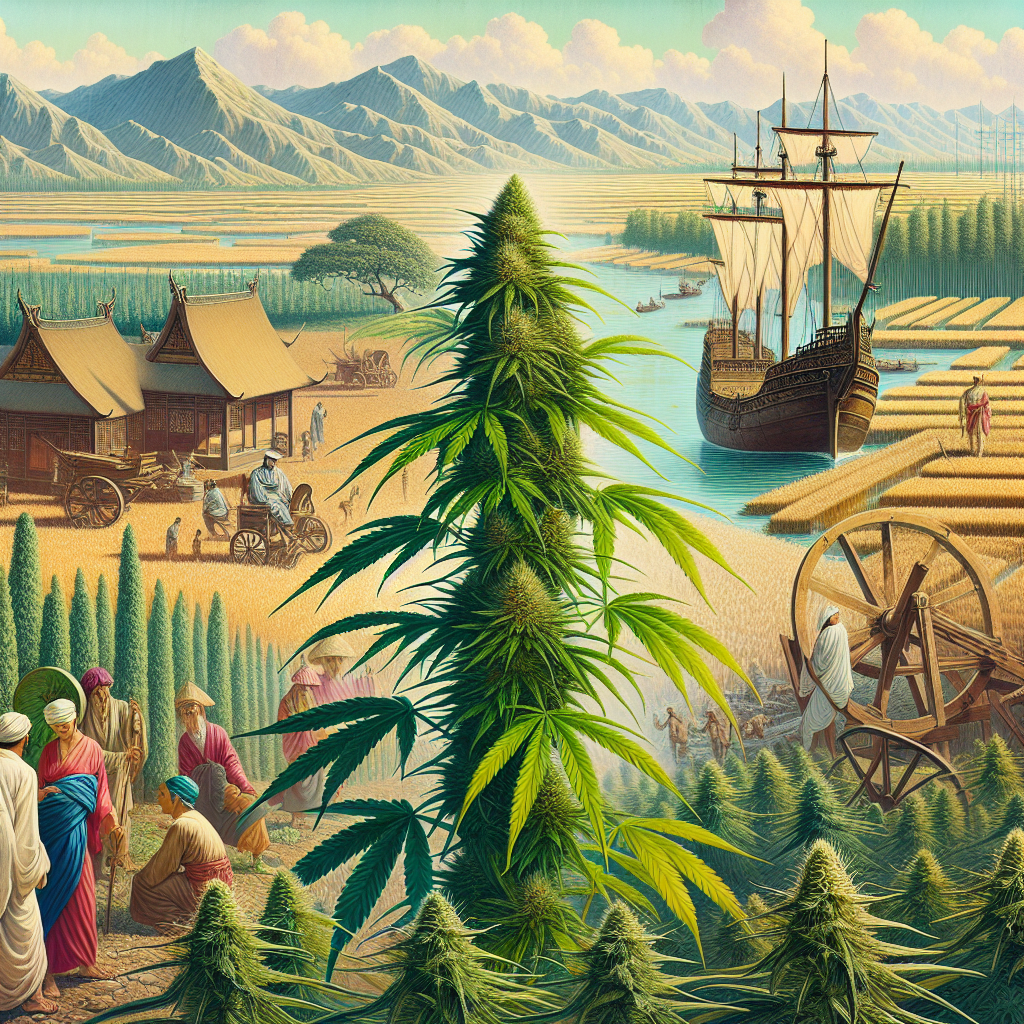 Historical journey of hemp, from ancient Asian and European landscapes to modern uses, with a detailed central image of a hemp plant.