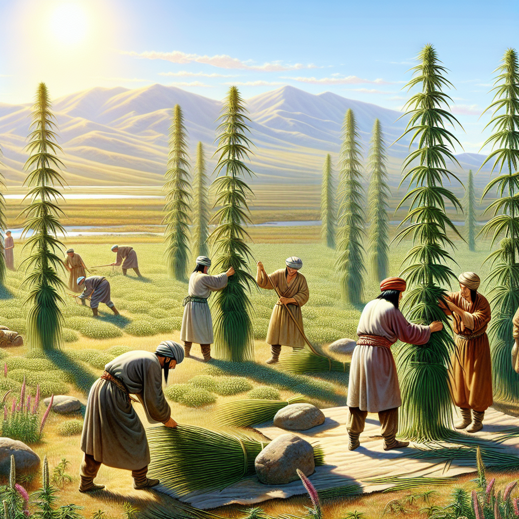 Ancient hemp plants being harvested in Central Asia, with workers in traditional attire and a steppe landscape in the background.