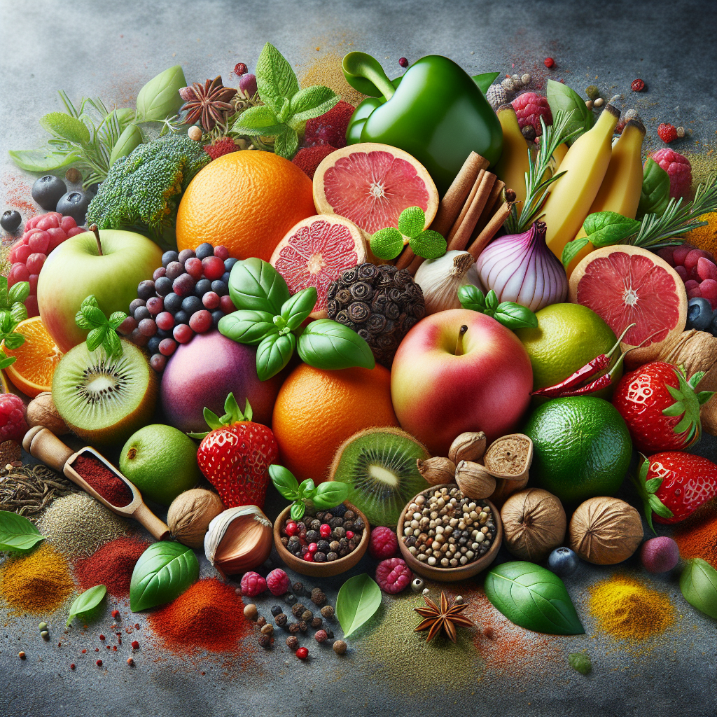 A realistic depiction of various flavor ingredients blending together, including fruits, spices, and herbs in vivid colors.