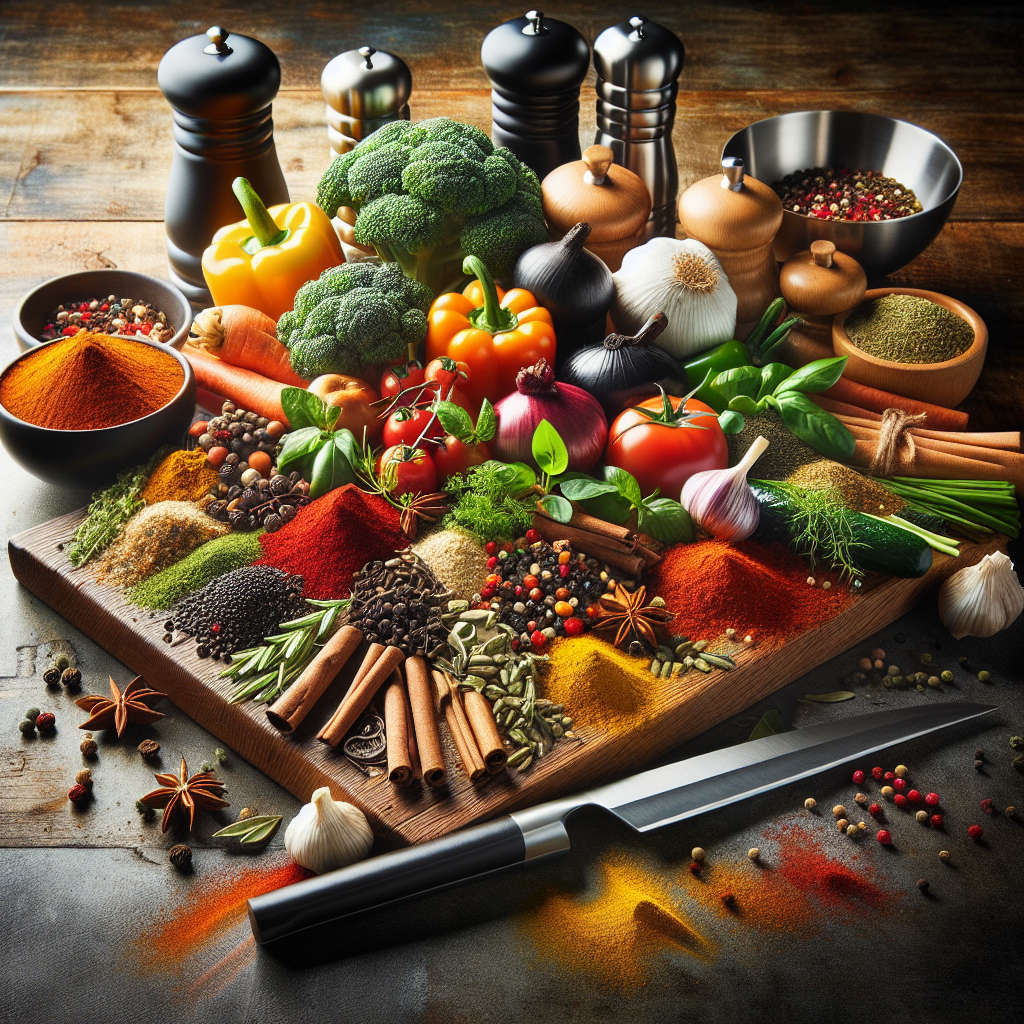 A realistic depiction of flavor blending in a kitchen with various colorful ingredients and kitchen tools.