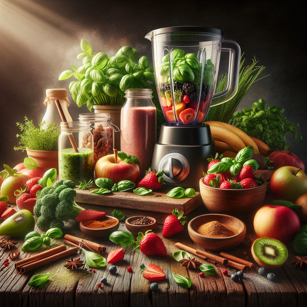 A realistic kitchen scene displaying flavor blending with fresh fruits, herbs, and spices.