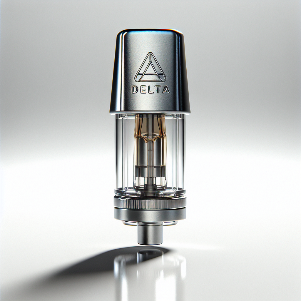 A Delta-8 vape cartridge on a white background, showing detailed and realistic features.