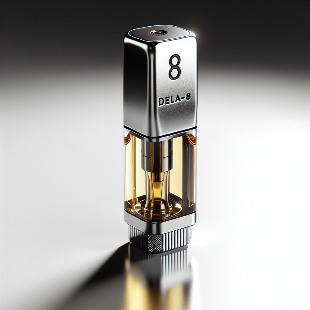 A realistic image of a Delta-8 vape cartridge against a white background.