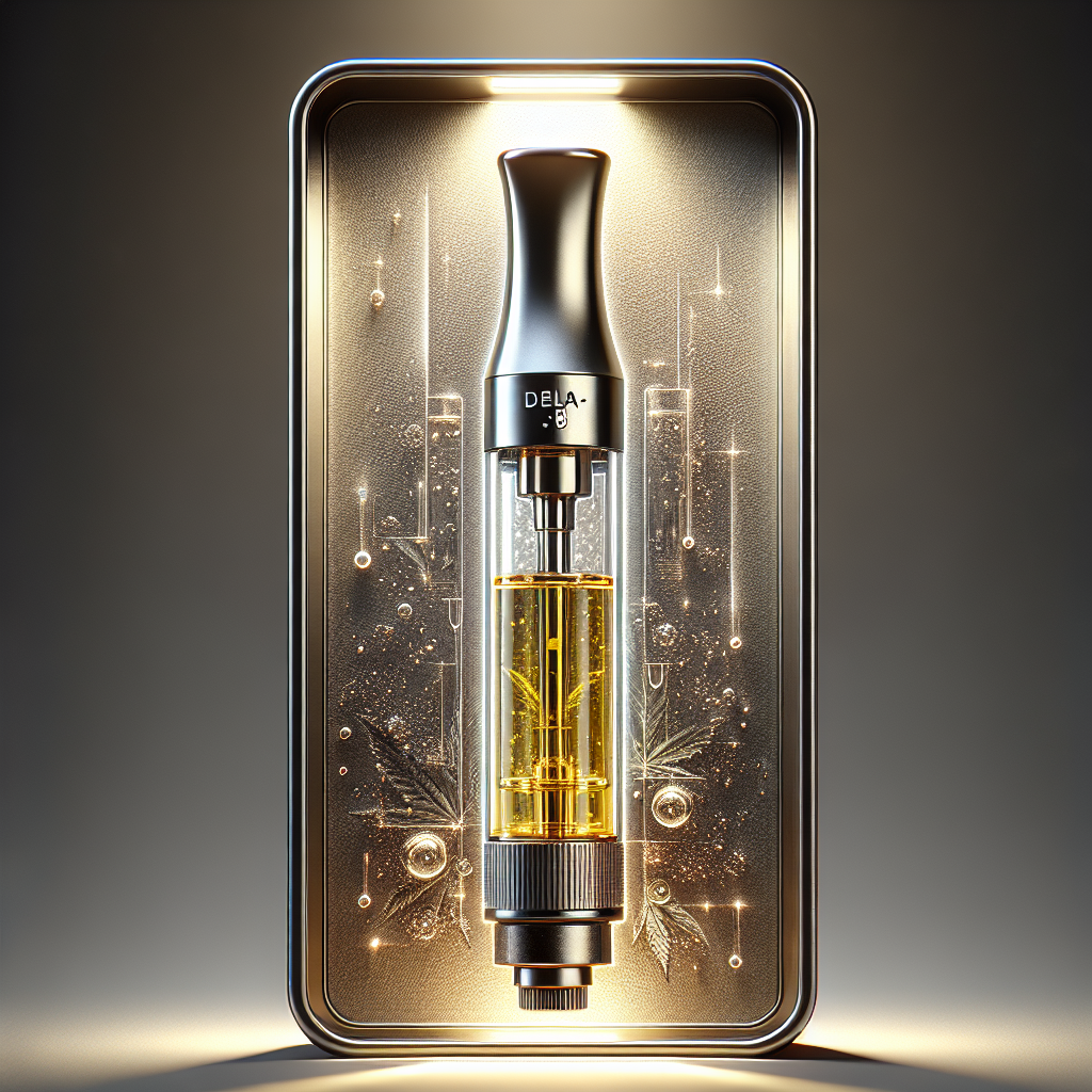 A realistic depiction of a Delta-8 vape cartridge with a transparent body and golden liquid, appearing lifelike and professionally photographed.