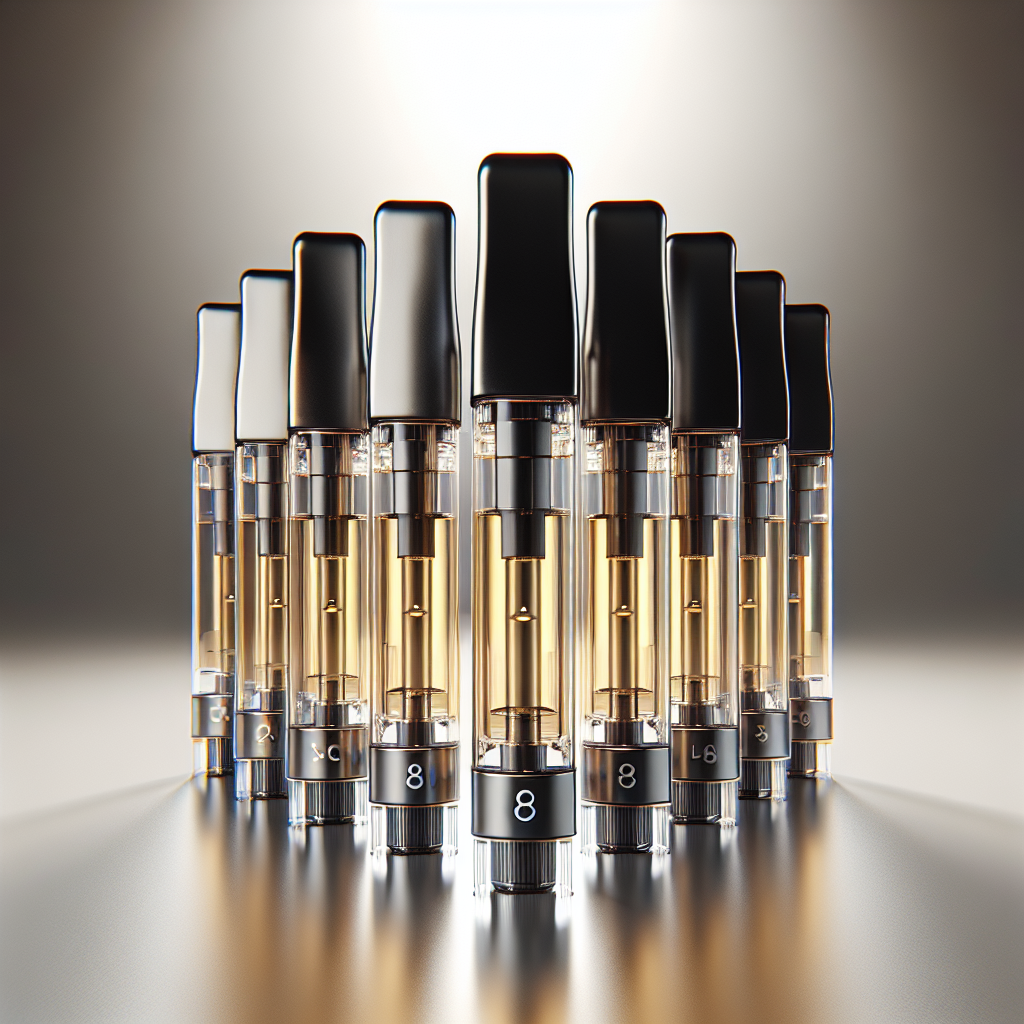 Realistic delta-8 vape cartridges standing upright on a neutral background.