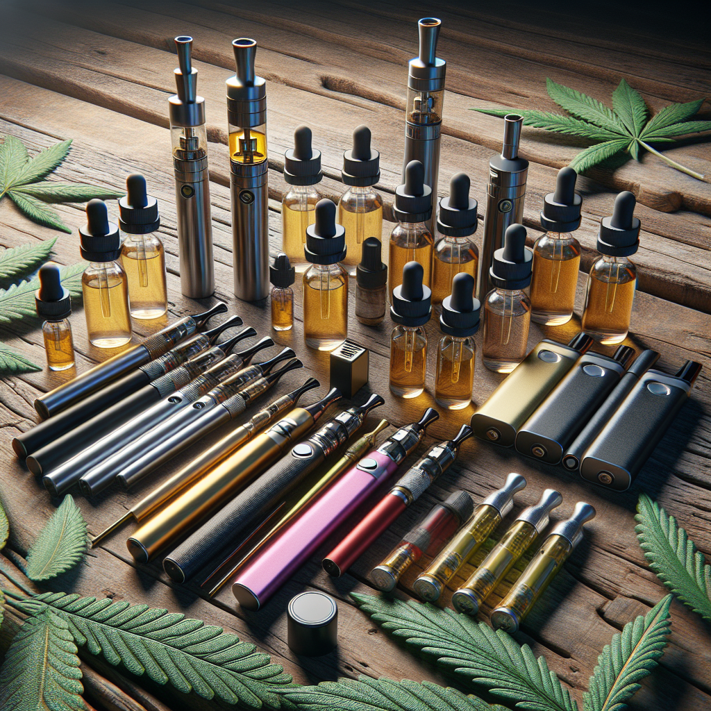 A collection of hemp vape products displayed on a wooden table.