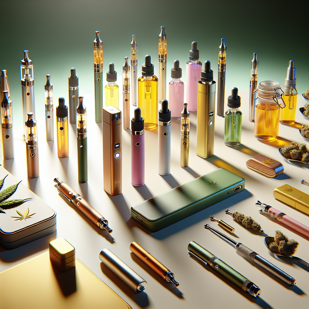 A realistic image of various hemp vape products arranged professionally on a clean surface.