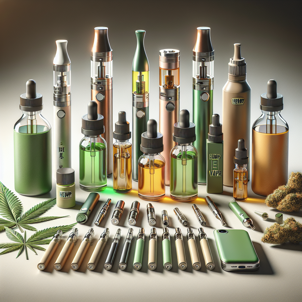 A realistic image of various hemp vape products including vape pens, cartridges, and e-liquid bottles.