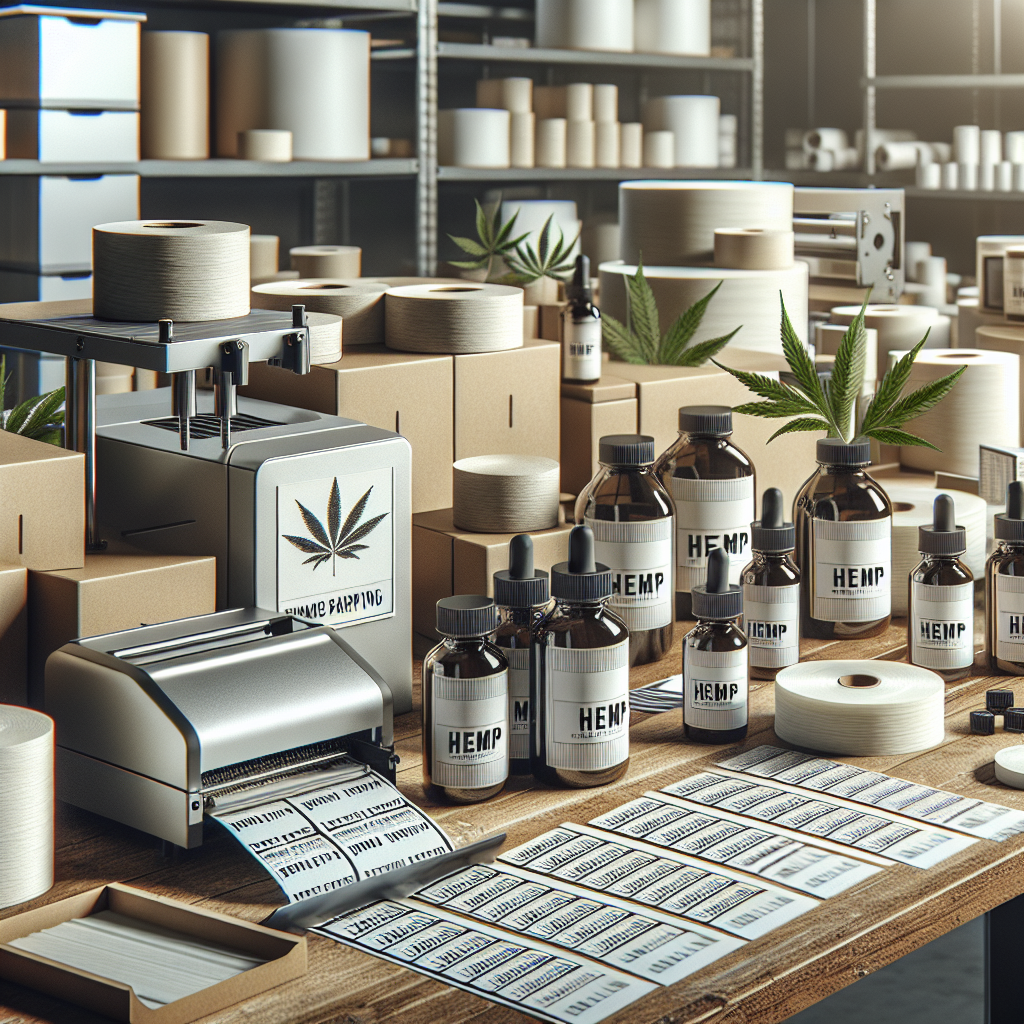 A realistic image of a workspace for hemp product labeling services with jars, containers, and labeling equipment.