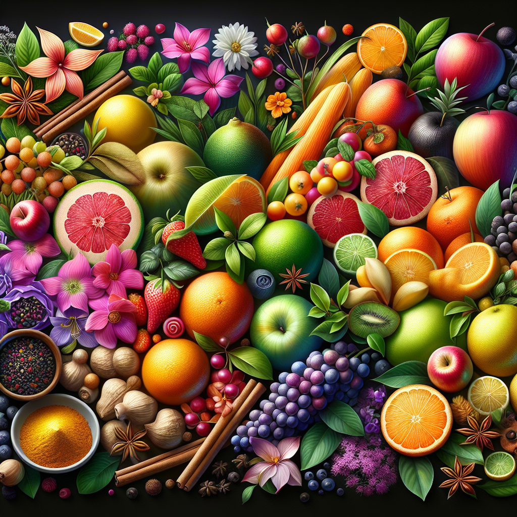 A realistic image depicting various fruits, flowers, and spices representing flavors and aromas.