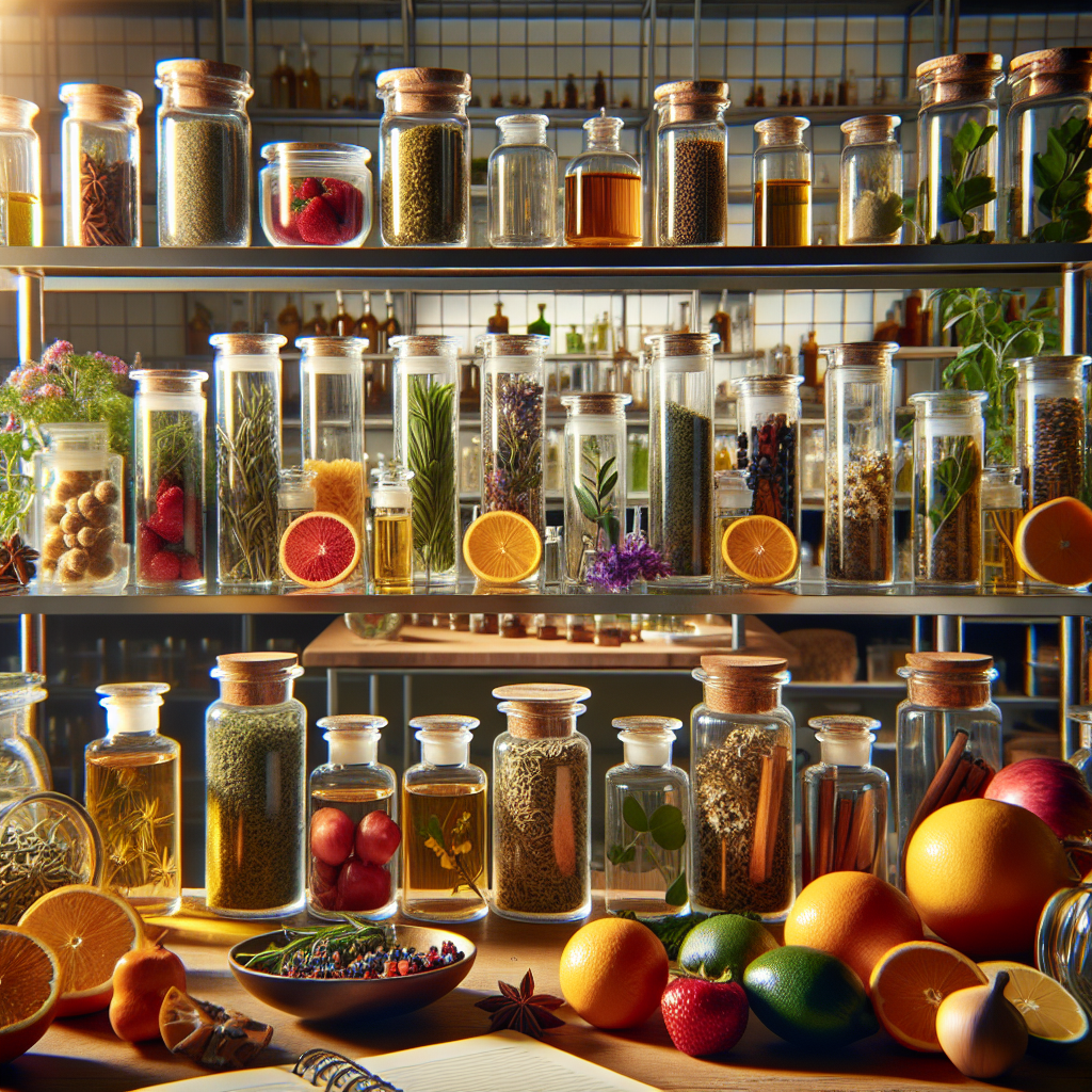 A realistic depiction of a terpene flavor blending process with herbs, fruits, and flowers in glass containers in a well-lit setting.