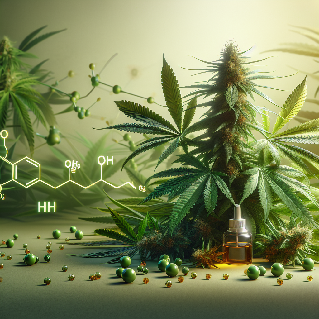 A realistic depiction of terpenes and hemp plants with distinctive leaves and molecular structures.