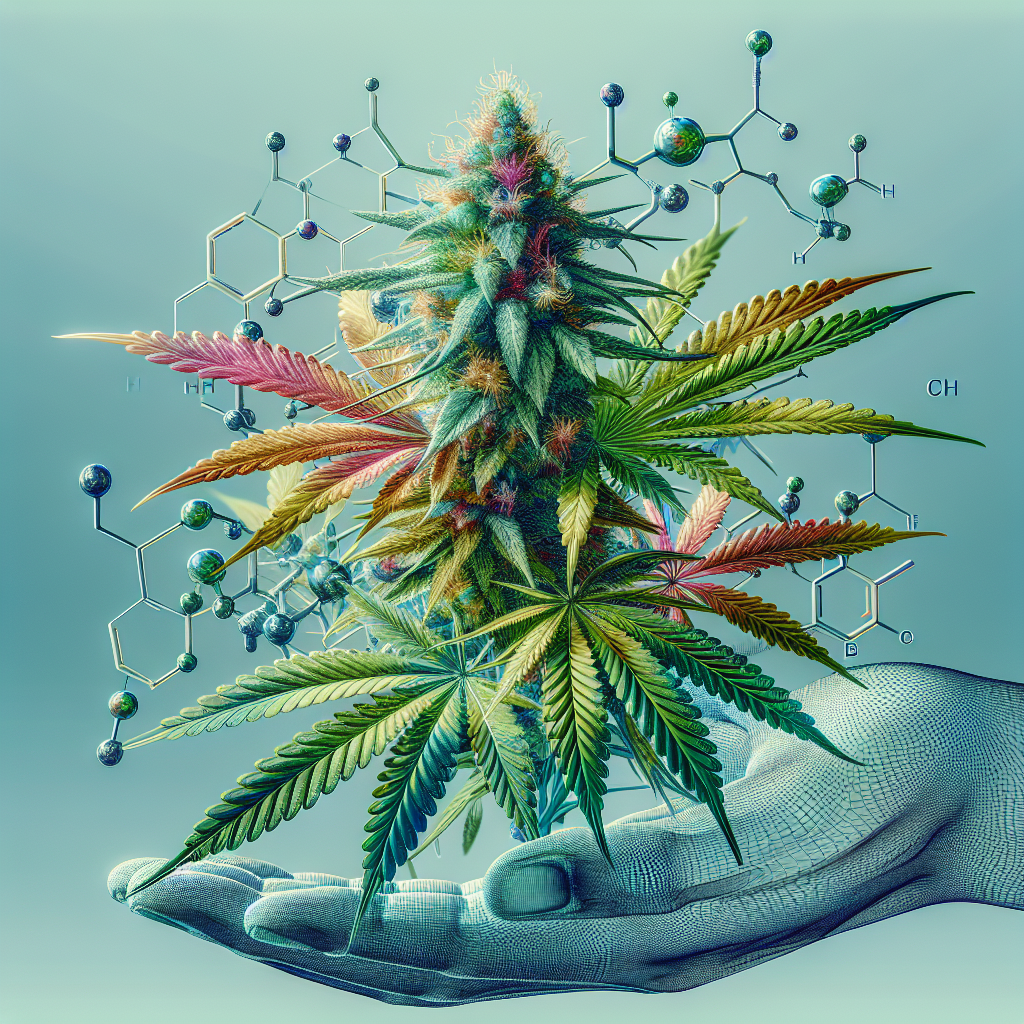 A realistic depiction of a hemp plant with detailed close-ups of its terpenes.