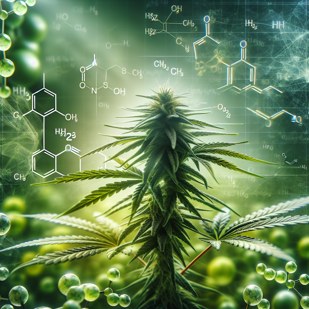 A realistic depiction of hemp plants with green leaves alongside molecular illustrations representing terpenes.