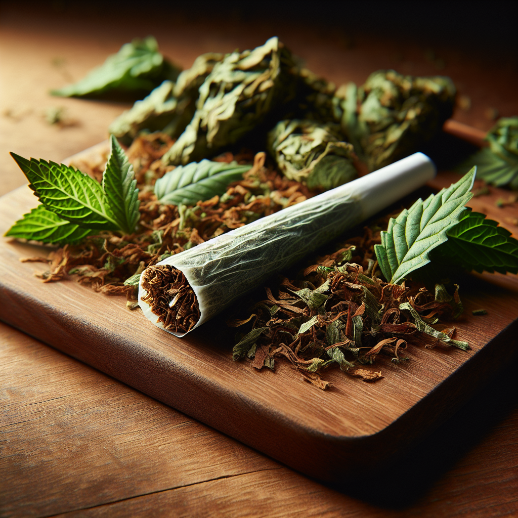 A realistic depiction of a marijuana joint on a wooden table surrounded by cannabis buds.