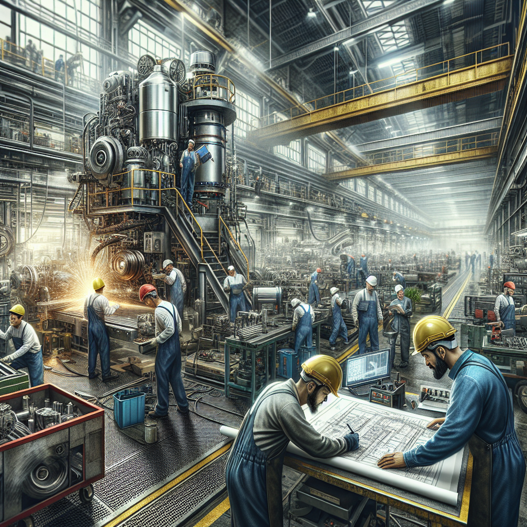 A realistic depiction of a joint production industrial scene with workers and machinery.