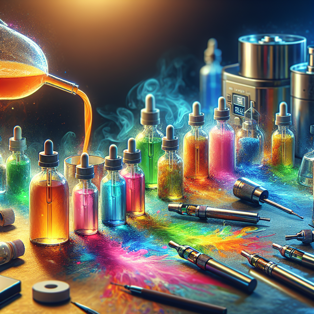 Custom vape flavor blending with bottles and devices.