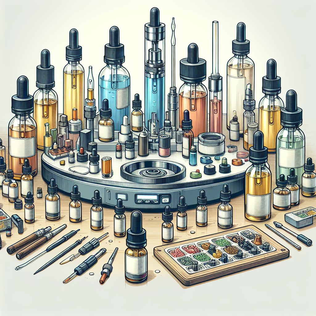 A custom vape flavor blending station with vape juice bottles, droppers, and mixing tools.