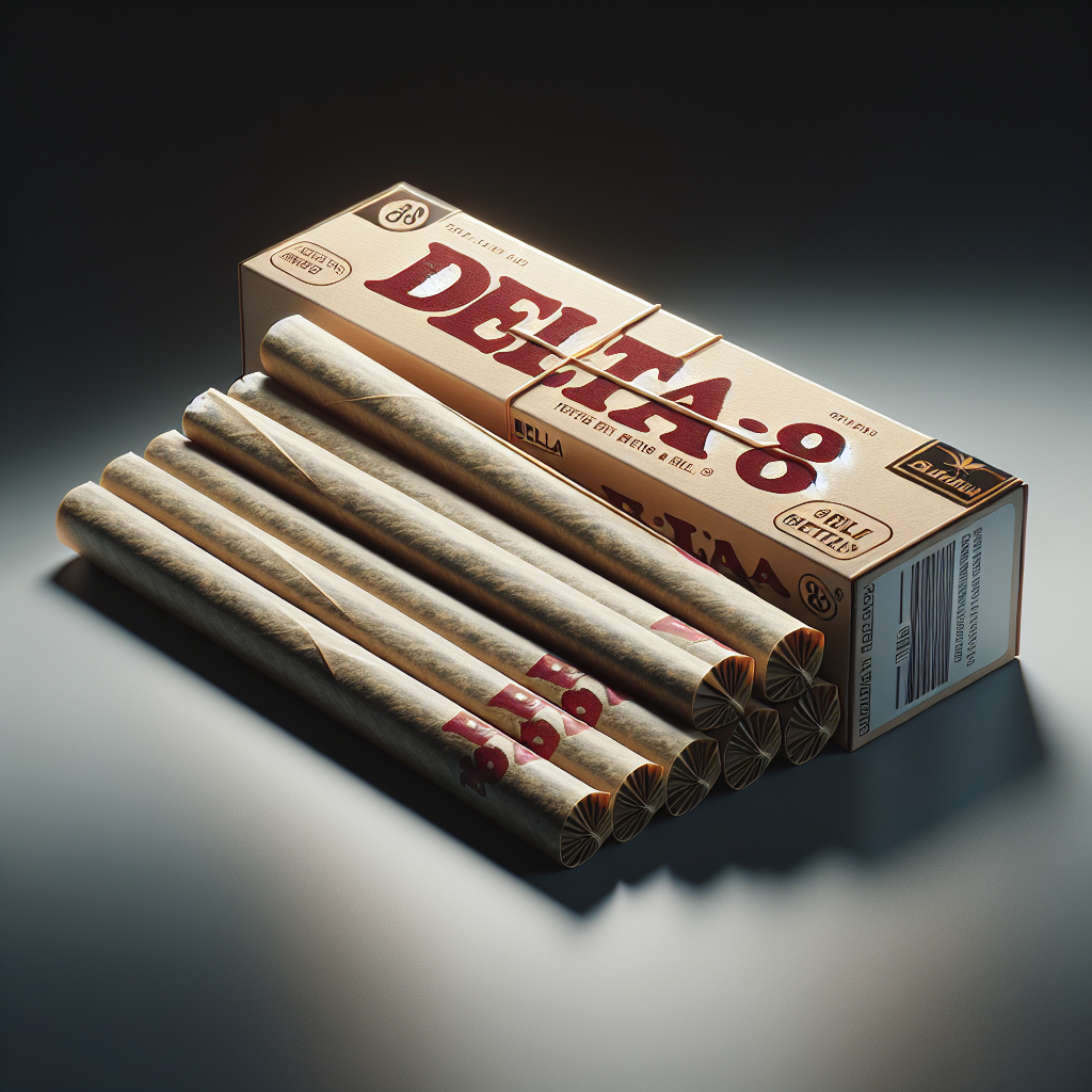 A realistic image of Delta-8 prerolls with detailed textures and branding on a simple background.