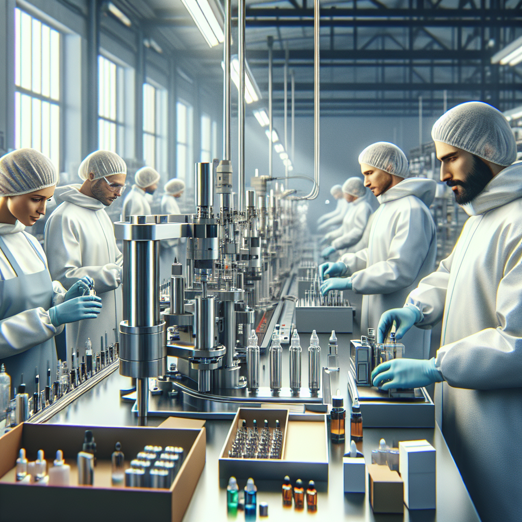 Realistic scene of vape co-packing in a clean factory setting with workers and machinery.