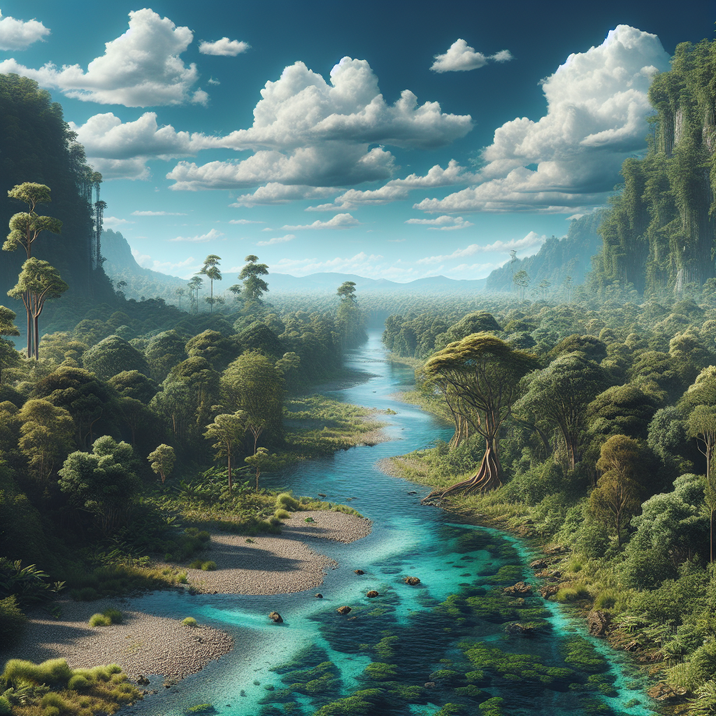 A realistic depiction of a verdant forest with a flowing river and a bright blue sky.