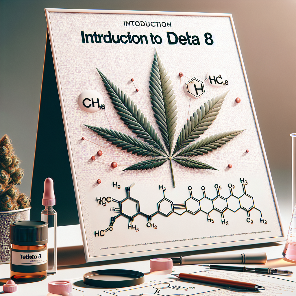 Introduction to Delta 8 with molecular diagram and marijuana leaf.