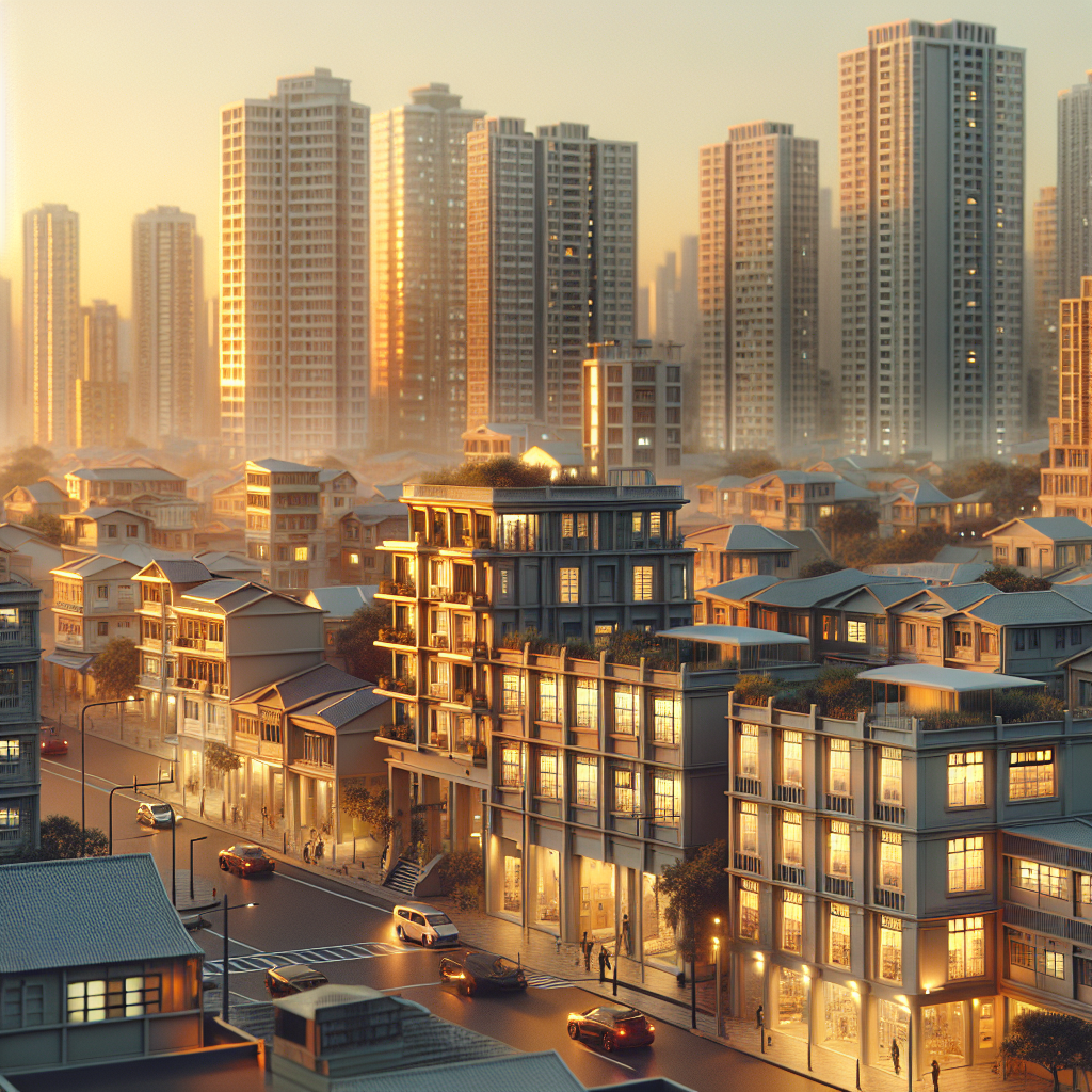 A serene, realistic cityscape during golden hour.