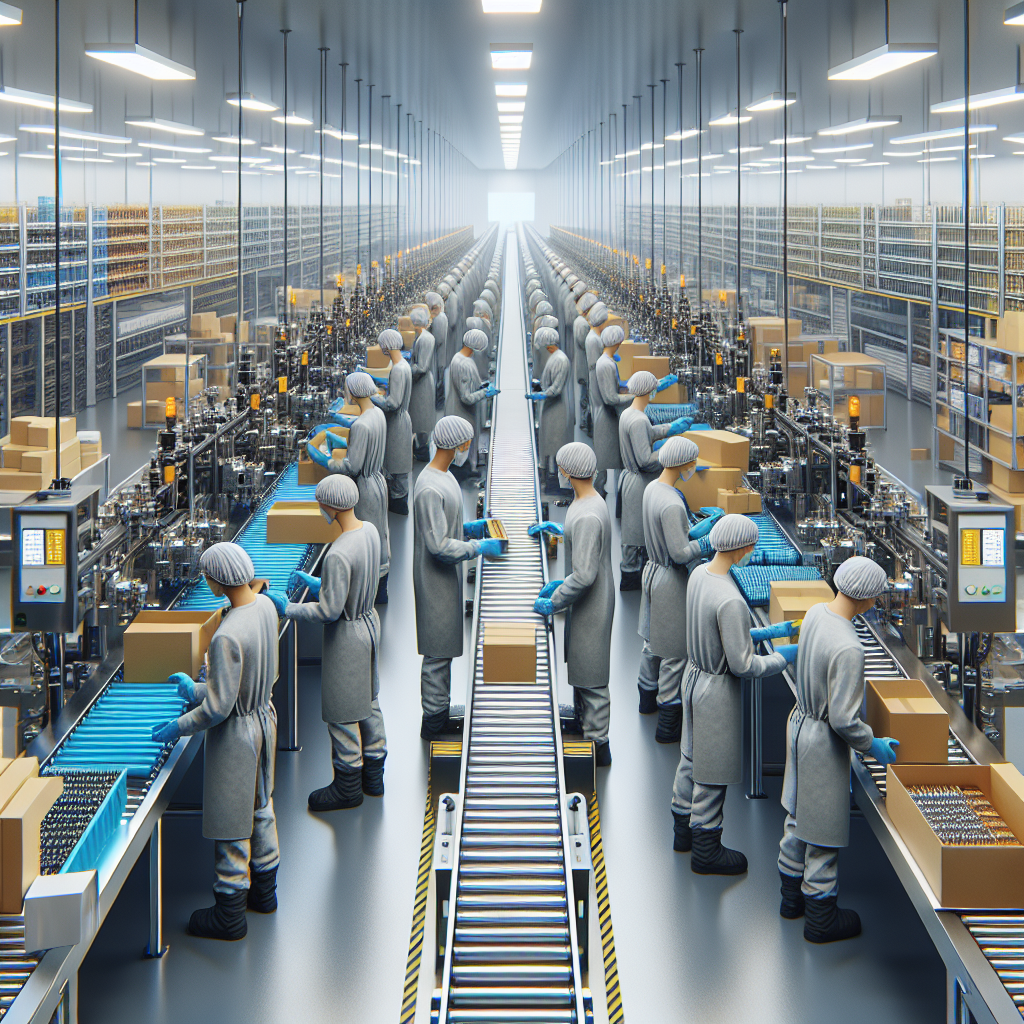 A realistic depiction of a modern co-packing facility for vape products with organized rows of vape cartridges, workers in protective gear, and high-tech packaging machines.