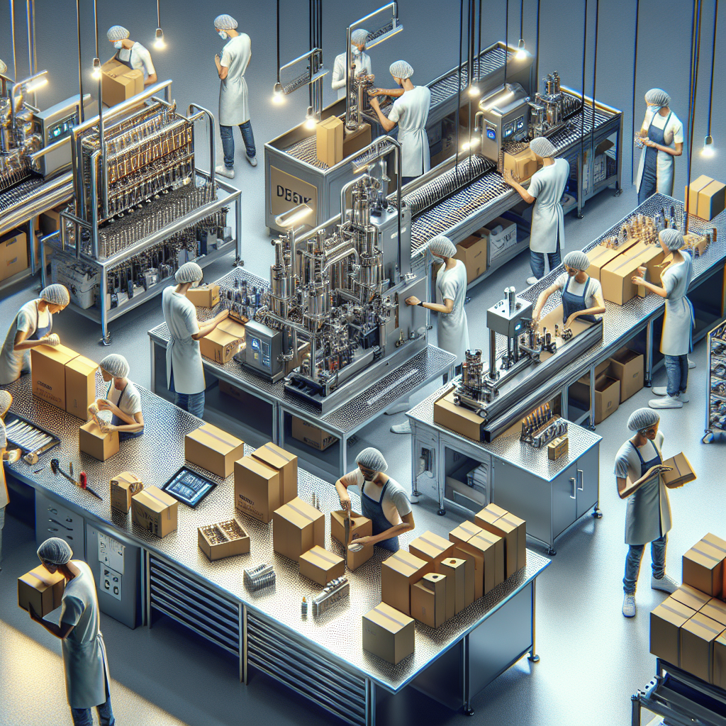 Realistic image of a vape product co-packing scene with workers and machinery.