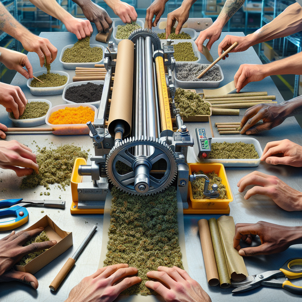 A realistic depiction of the production process of hemp pre-rolls in an industrial setting.