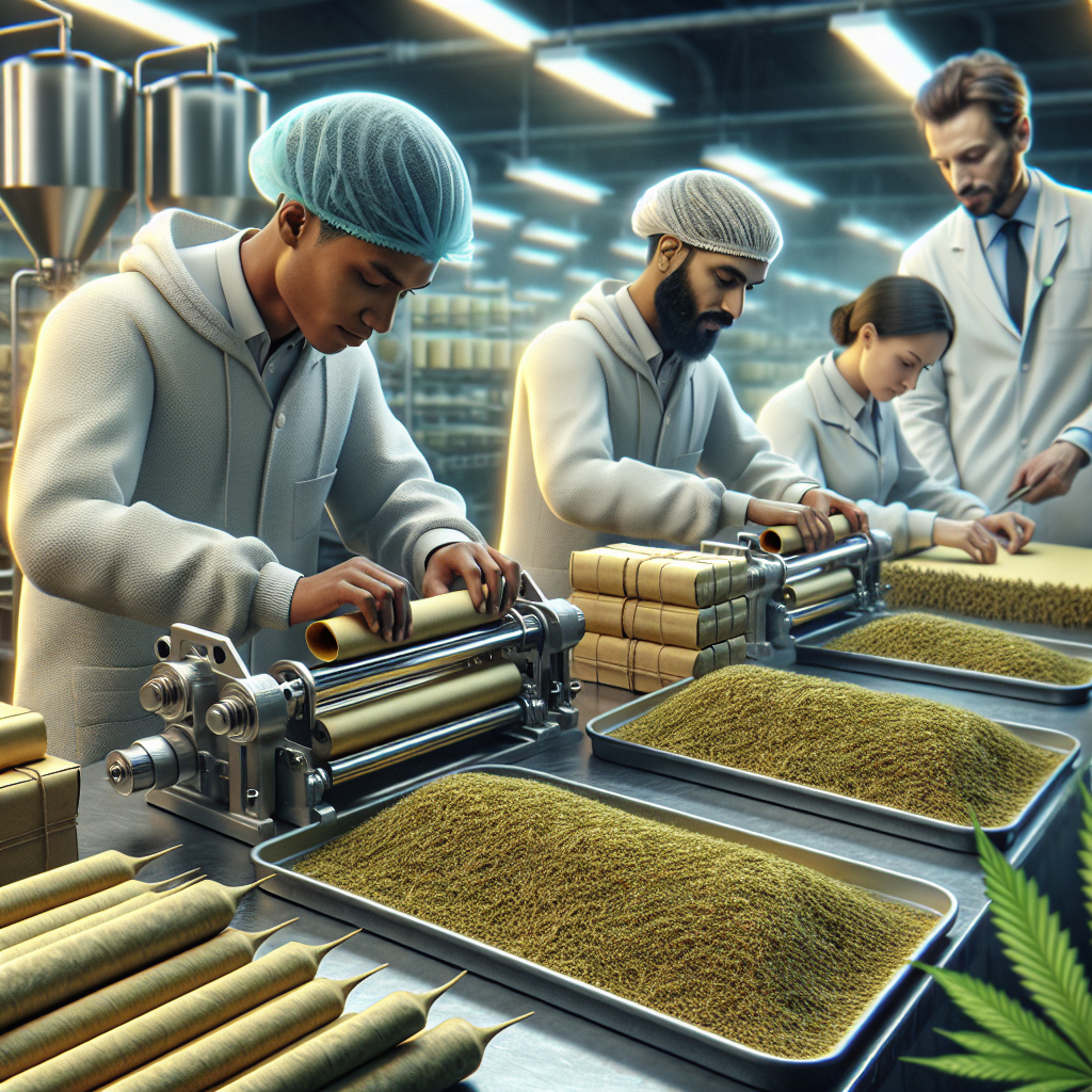 A realistic image of hemp pre-rolls production in a clean, well-lit facility.