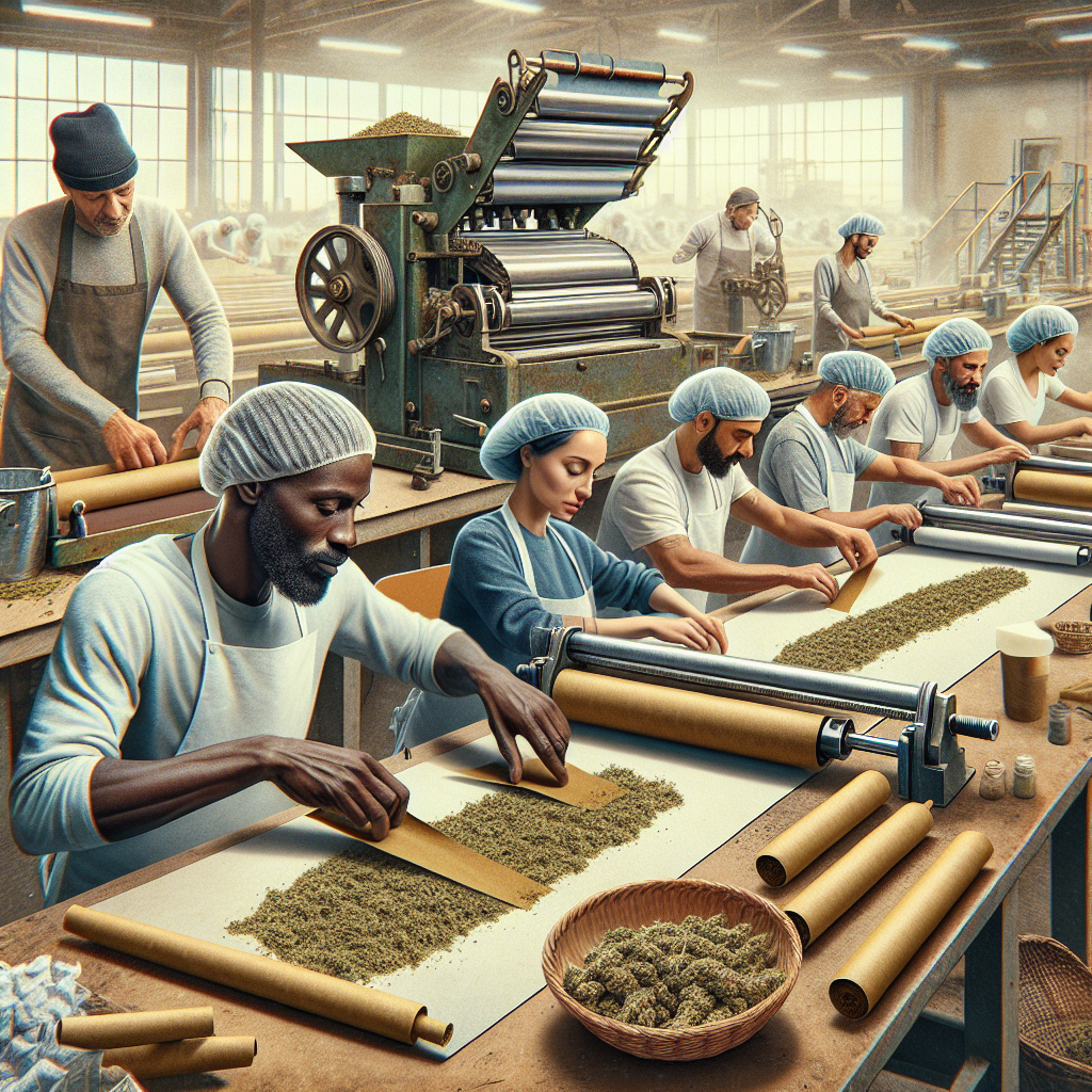 A realistic depiction of the hemp pre-rolls production process, highlighting workers, rolling machines, and finished products.