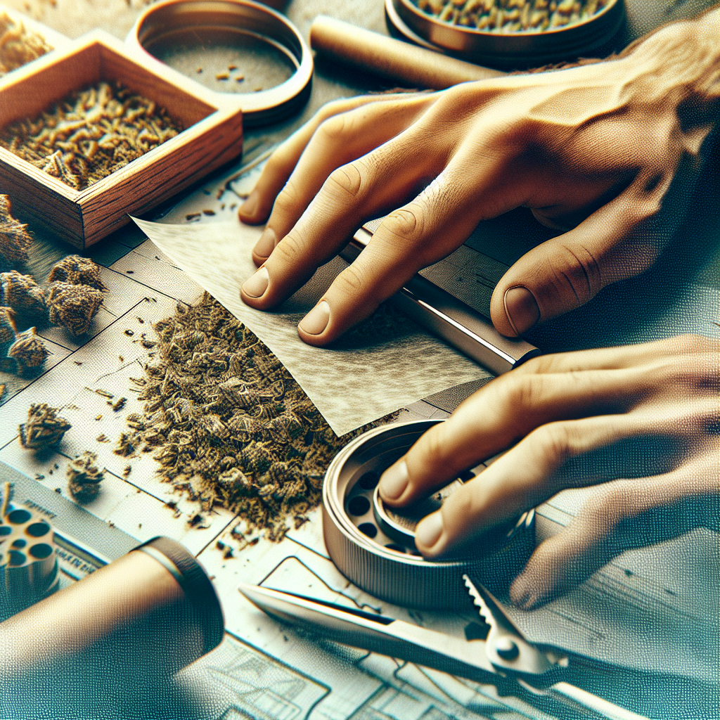 A realistic depiction of the production of hemp pre-rolls with close-up views of hands rolling hemp, along with relevant tools.