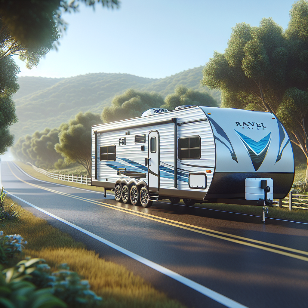 A travel trailer parked on a scenic road surrounded by greenery.