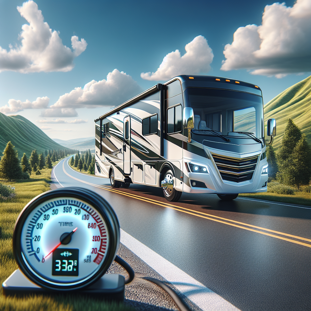 An RV parked on a scenic road with a tire pressure monitoring system display.