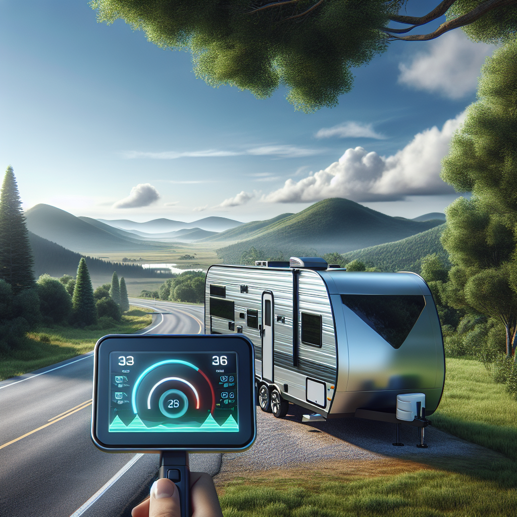 A travel trailer parked on a scenic roadside with modern design and a digital tire pressure monitoring display.