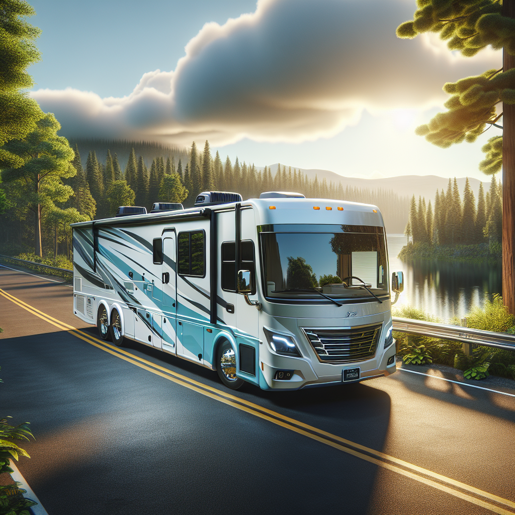 An RV parked by a lake, surrounded by trees and a clear blue sky.