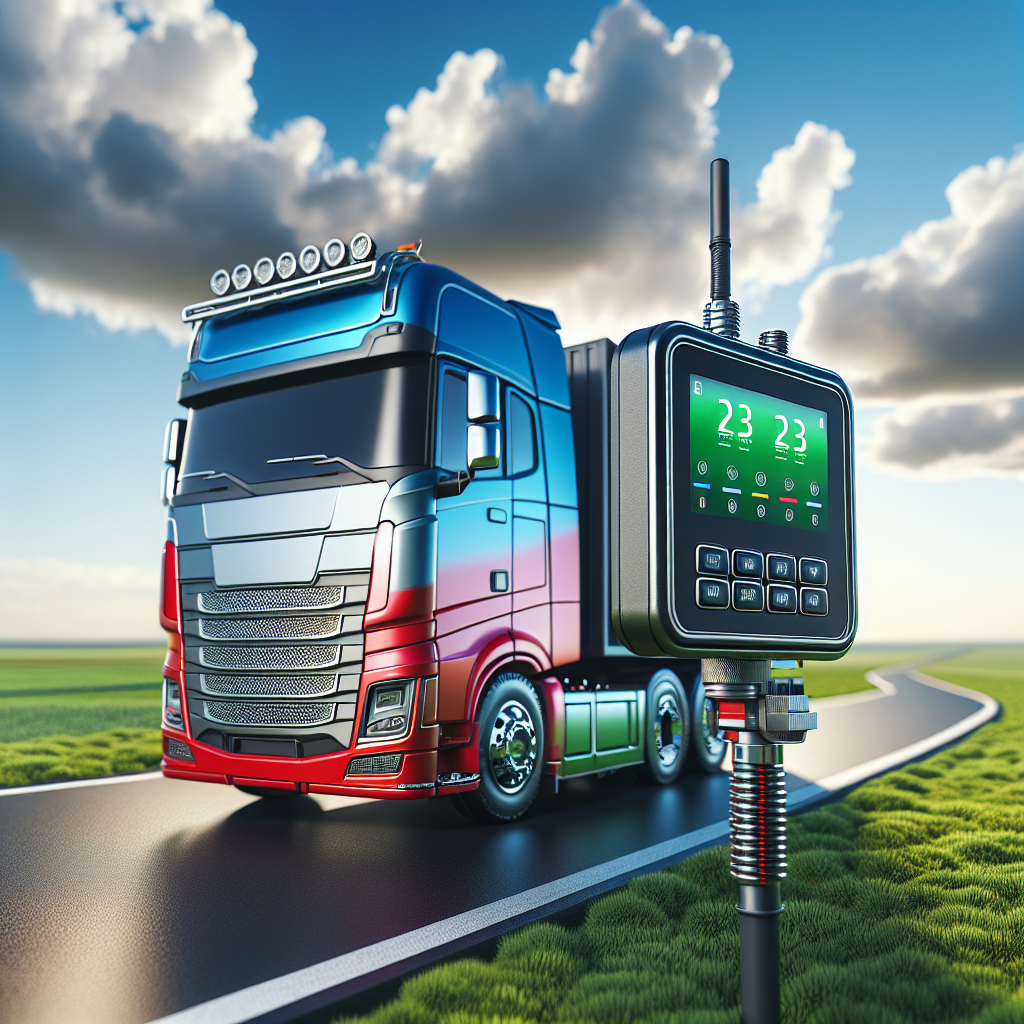 A tire pressure monitoring system displayed on a truck with a clear sky background.