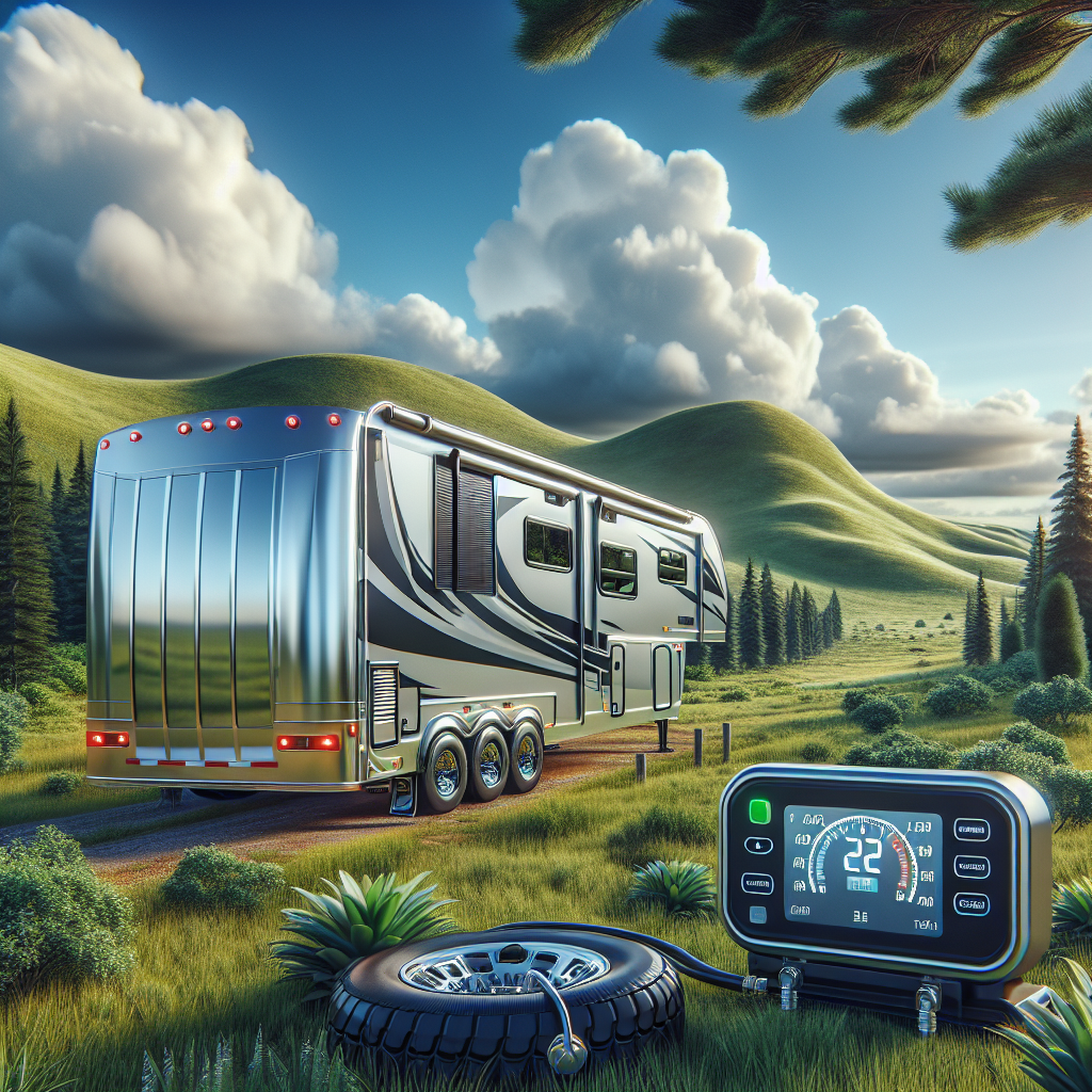 A 5th wheel trailer with a tire pressure monitoring system displayed in a beautiful outdoor setting.