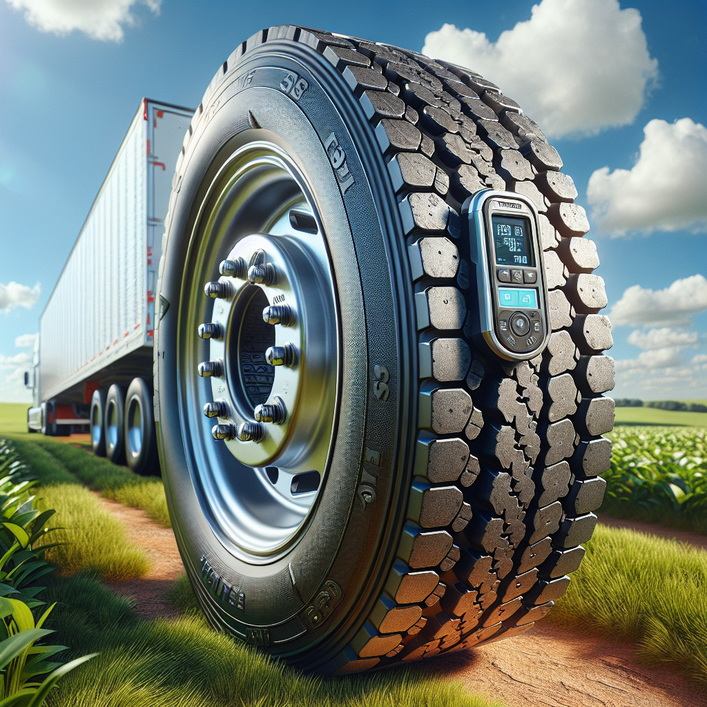 A close-up of a trailer tire with a tire pressure monitoring system installed, set against a sunny landscape.