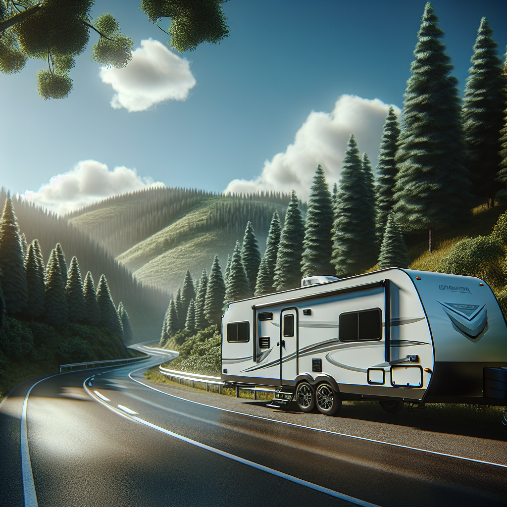 A travel trailer parked in a scenic landscape with lush trees and a blue sky.